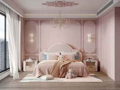 Cozy Children's Room Interior With Pink Walls Headboard Stuffed Toys Soft Rug And Chandelier 3d model