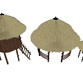 Garden Landscape With Various Thatched Pavilions Red Brown Frames And Circular Bases 3d model