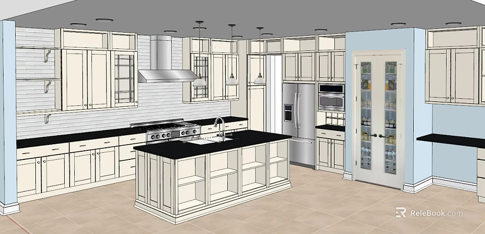 White Kitchen Cabinets with Central Island Counter and Stainless Steel Appliances 3d model 