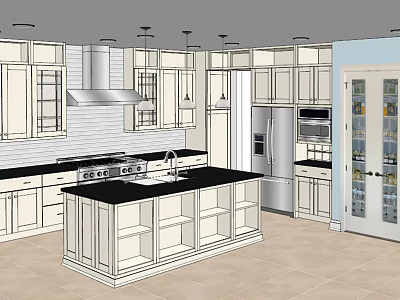 White Kitchen Cabinets with Central Island Counter and Stainless Steel Appliances 3d model