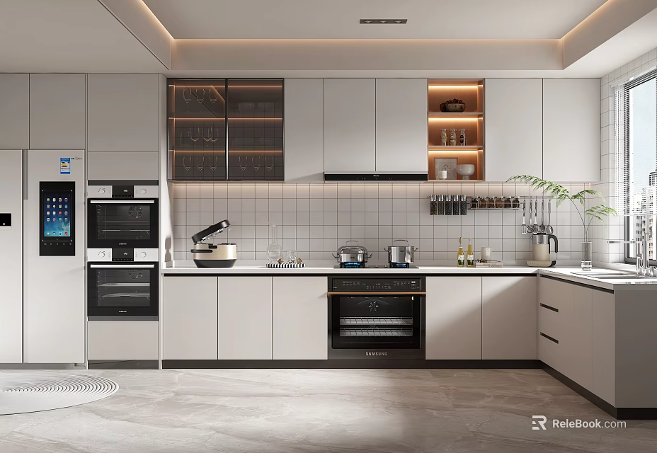 Modern Kitchen Interior With White Cabinets Built In Appliances And Tile Backsplash 3d model 