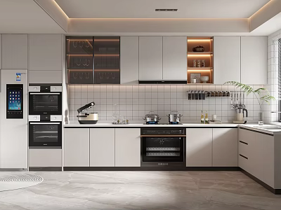 Modern Kitchen Interior With White Cabinets Built In Appliances And Tile Backsplash 3d model