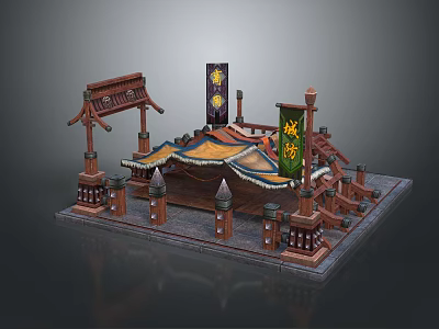 Cartoon Scene Of Traditional Wooden Architecture With Colorful Canopy Decorative Banners And Pillars 3d model