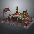 Cartoon Scene Of Traditional Wooden Architecture With Colorful Canopy Decorative Banners And Pillars