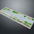 Scenic Landscape Of Rectangular Stone Slab With Green Plants And Gray Gravel Extending Over Edges