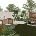 Outdoor Garden Landscape With Green Plants Seating Area And Wooden Screens