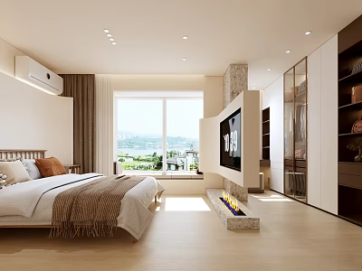 Modern Bedroom With White Bed Brown Pillows Large Window Fireplace And Built In Wardrobes 3d model