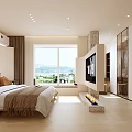 Modern Bedroom With White Bed Brown Pillows Large Window Fireplace And Built In Wardrobes