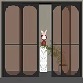 Stylish Sliding Doors With Black Frames Arched Design Frosted Glass Rabbit Doll And Plants
