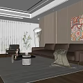 Modern Living Dining Room With Brown Leather Sofa Colorful Abstract Painting And Wooden Wall