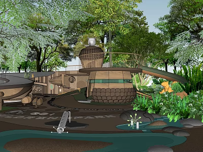 Children's Play Area In Natural Setting With Green Trees Plants Dome Structures And Stream 3d model
