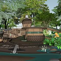 Children's Play Area In Natural Setting With Green Trees Plants Dome Structures And Stream