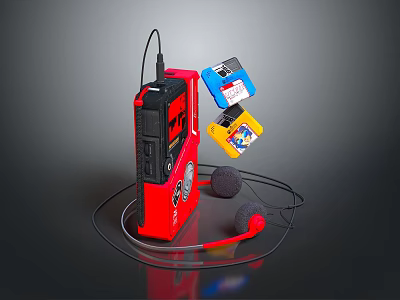 Vintage Red Computer With Blue And Yellow Tape Cassettes Headphones And Microphone 3d model