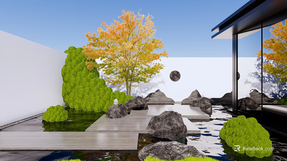 Modern Garden Landscape Design With Green Shrubs Water Pond Stone Rocks And Wooden Deck 3d model 