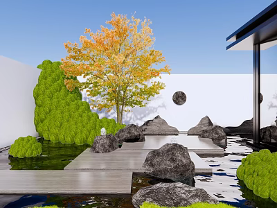 Modern Garden Landscape Design With Green Shrubs Water Pond Stone Rocks And Wooden Deck 3d model