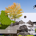Modern Garden Landscape Design With Green Shrubs Water Pond Stone Rocks And Wooden Deck