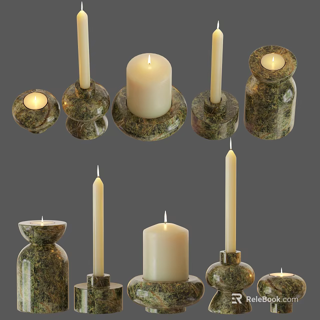 Natural Textured Stone Candle Holders With White Lit Candles And Various Designs 3d model 
