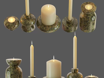 Natural Textured Stone Candle Holders With White Lit Candles And Various Designs 3d model