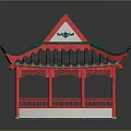 Cartoon Style Chinese Traditional Pavilion With Red Pillars Green Eaves And Carved Railings