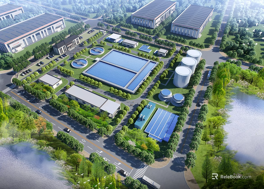 Aerial View of Modern Industrial Plant With Landscaped Surroundings Water Facilities and Storage Tanks 3d model 