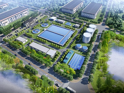 Aerial View of Modern Industrial Plant With Landscaped Surroundings Water Facilities and Storage Tanks 3d model
