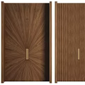 Wooden Cabinet Doors With Straight And Radial Grain Patterns Featuring Long Golden Handles Design