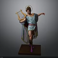 Greek Style Sculpture Of Figure With Lyre Halo And Blue Attire On Wooden Base