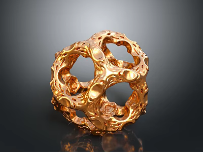Golden Hollow Spherical Decorative Sculpture With Intricate Patterns And Shiny Surface 3d model