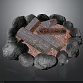 Outdoor Stone Circle Campfire Structure With Burning Logs And Warm Red Flames 3d model