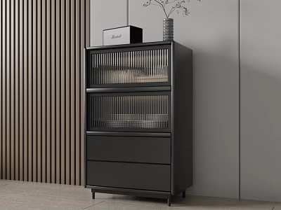 Sleek Black Bookcase with Glass Doors Drawers and Decorative Items on Vertical Wooden Wall 3d model