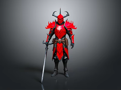 Red Fantasy Warrior Armor With Flame Design Horned Helmet And Sword 3d model