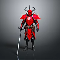 Red Fantasy Warrior Armor With Flame Design Horned Helmet And Sword