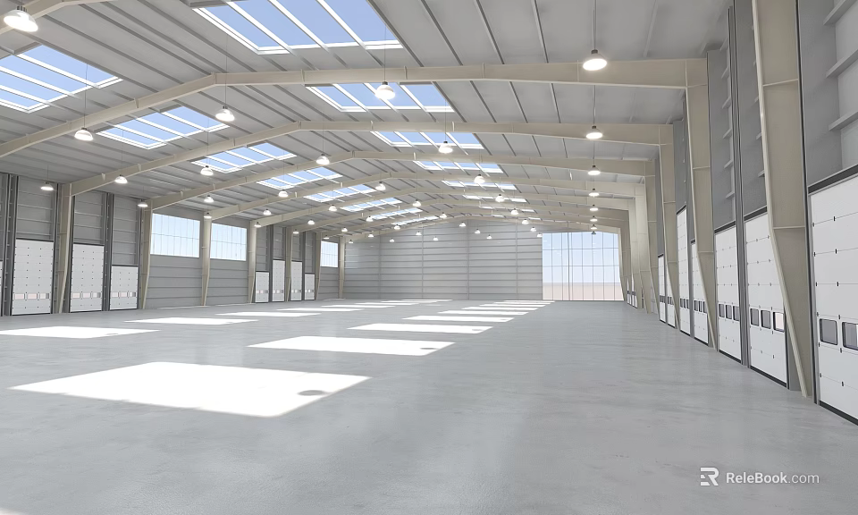 Spacious Industrial Warehouse Interior With High Ceiling Skylights And Metal Beams 3d model 