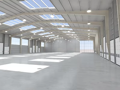 Spacious Industrial Warehouse Interior With High Ceiling Skylights And Metal Beams 3d model