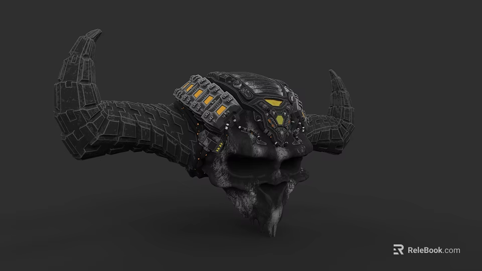 Game and Movie Character Armored Skull With Horns Mechanical Elements And Yellow Glowing Parts 3d model 