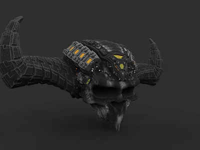 Game and Movie Character Armored Skull With Horns Mechanical Elements And Yellow Glowing Parts 3d model
