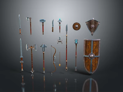 Medieval Weapon Collection Featuring Swords Axes Hammers Bows Spears And Shields 3d model