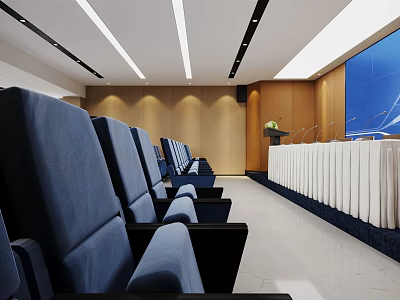 Modern Conference Room Interior Design With Blue Chairs Podium And Large Screen 3d model