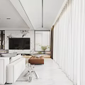 Modern Dining and Living Room Interior With Marble Floor Sleek Cabinets And Ambient Lighting