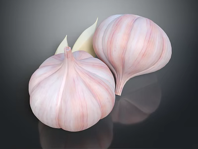 Fresh Pink and White Garlic Bulbs with Green Leaves on Dark Background Natural Texture 3d model
