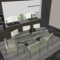 Modern Kitchen Dining Area With Elegant Marble Table And Light Green Chairs 3d model