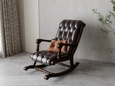 Dark Leather Rocking Chair With Wooden Armrests And Brown Cushion In Modern Room 3d model