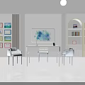 Modern Desk Interior With Two Chairs Bookshelf Wall Decorative Paintings And White Gray Tones