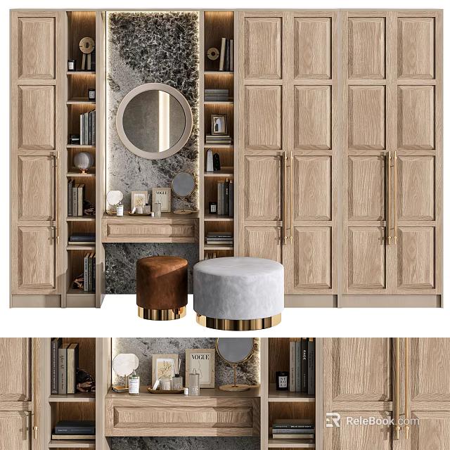 Wooden Dressing Table With Round Mirror Cabinets Stools And Decorative Items 3d model