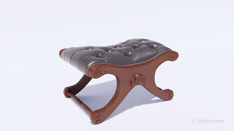 Classic Ottoman With Tufted Leather Upholstery And Carved Wooden Legs 3d model 