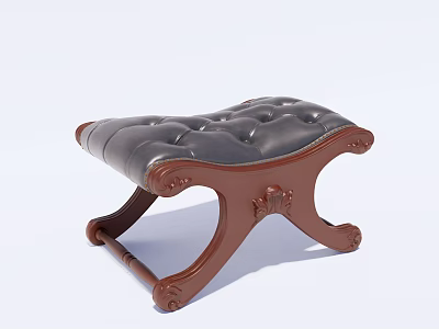 Classic Ottoman With Tufted Leather Upholstery And Carved Wooden Legs 3d model