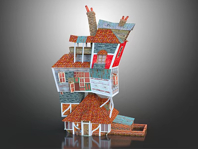 Cartoon Scene With Stacked Colorful Houses Featuring Unique Roofs Chimneys And Windows 3d model