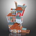 Cartoon Scene With Stacked Colorful Houses Featuring Unique Roofs Chimneys And Windows