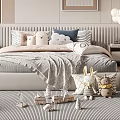 Cozy Double Bed With Stuffed Toys Pillows And Soft Blanket In Modern Bedroom