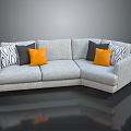 Gray Fabric Sectional Sofa with Orange Gray and Black White Striped Pillows Modern Living Room